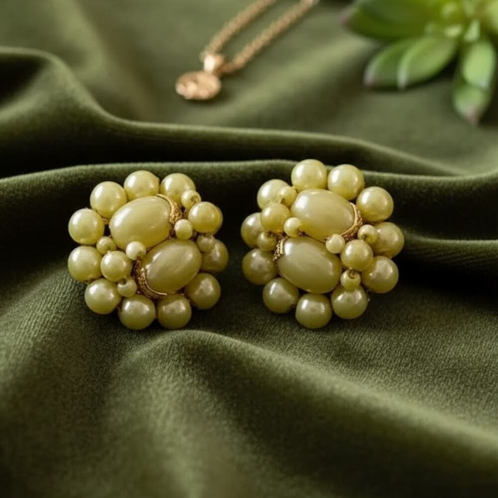 Vintage Cluster Bead Clip On Earrings Hong Kong Yellow